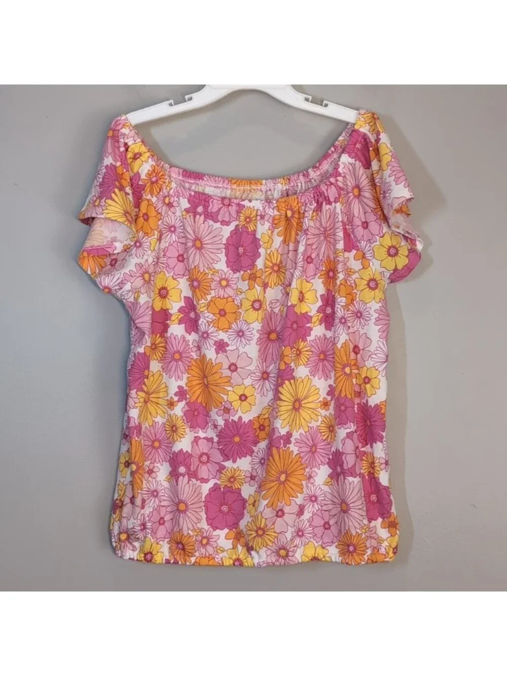 Childrens Place Flutter Sleeve Floral Top Girls Size Large 10 12 Pink Orange
